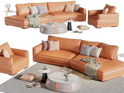 现代弧形多人、单人沙发、茶几组合