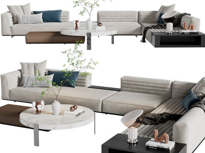 现代布艺多人沙发、茶几组合