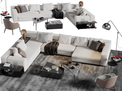 现代转角多人沙发、休闲椅子和茶几组合