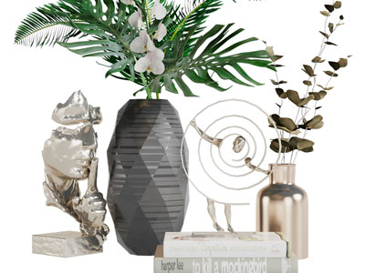 现代雕塑、花瓶花卉摆件组合