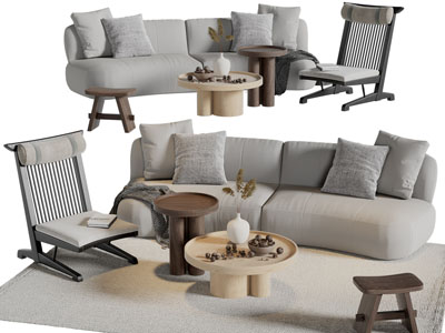 侘寂风多人沙发、休闲椅子、茶几组合