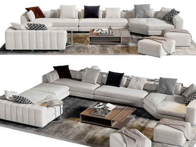 现代布艺转角多人沙发、茶几和沙发凳