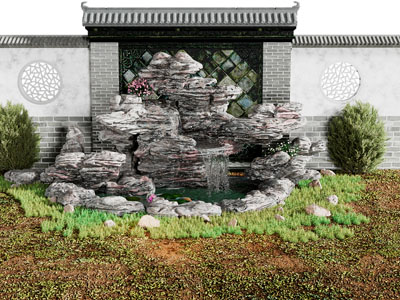 中式瀑布、假山、景观墙园艺小品