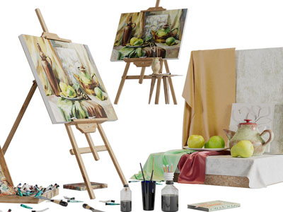 现代画架、颜料3d模型 现代画架、颜料