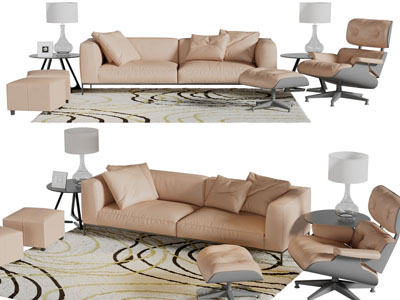 现代双人沙发、休闲椅子和边几组合