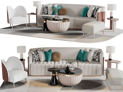 现代多人沙发、休闲单人沙发和茶几组合