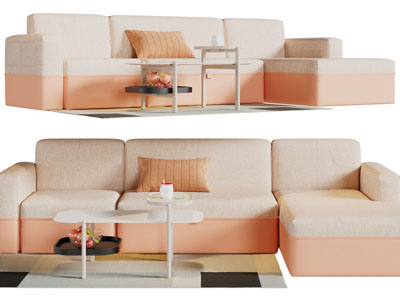 现代布艺多人沙发、茶几组合