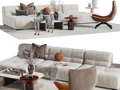 现代布艺多人沙发、休闲椅子和茶几组合