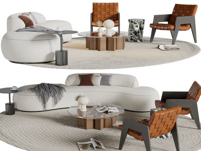 侘寂风多人沙发、休闲椅子和茶几组合