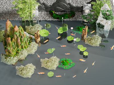 中式池塘、假山水景景观园艺小品