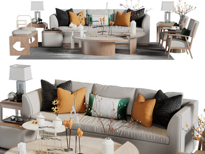 新中式多人沙发、休闲椅子和茶几组合