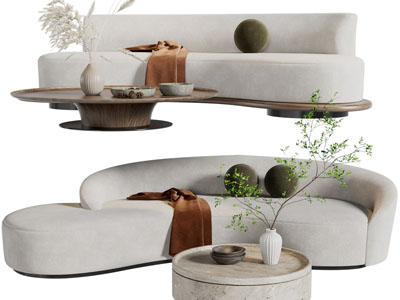 现代布艺弧形多人沙发、茶几组合