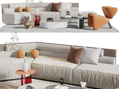 现代布艺多人沙发、休闲椅子和茶几组合