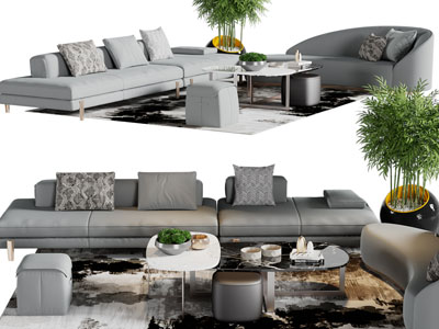 现代多人沙发、贵妃椅和茶几组合