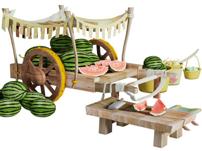 中式民宿西瓜水果手推售卖车3d模型 中式民宿西瓜水果手推售卖车