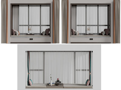 新中式飘窗、窗帘窗纱3d模型 新中式飘窗、窗帘窗纱