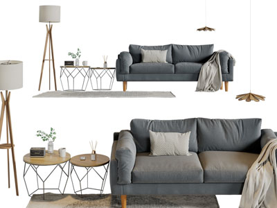 北欧双人沙发、边几和落地灯3d模型 北欧双人沙发、边几和落地灯