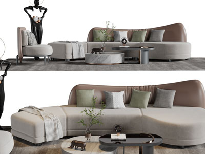 现代多人沙发、休闲椅子和茶几组合