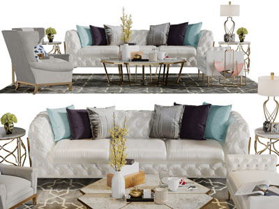 简欧多人沙发、单人沙发和茶几组合