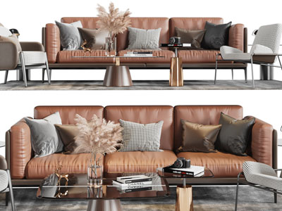 现代多人沙发、休闲椅子和茶几组合