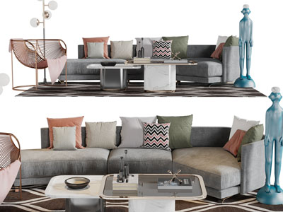 现代轻奢多人沙发、休闲椅子和茶几组合