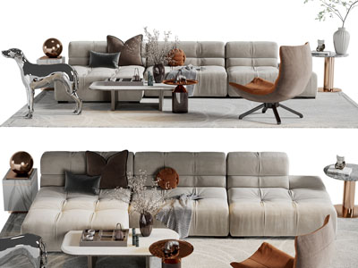 现代布艺多人沙发、休闲椅子和茶几组合