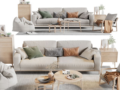 北欧多人沙发、休闲椅子和茶几组合