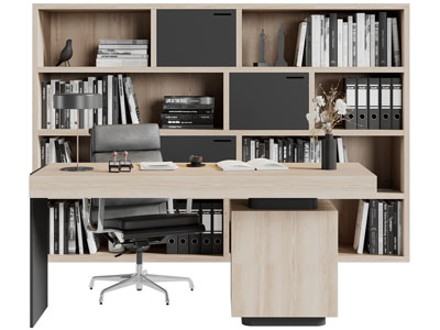 现代实木书桌椅组合、书柜