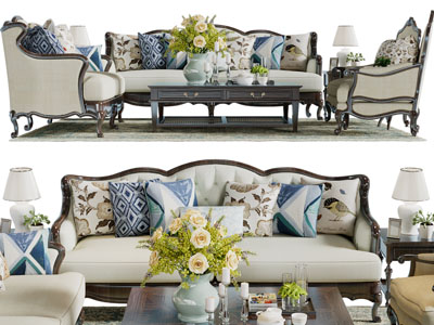 新古典多人沙发、单人沙发和茶几组合