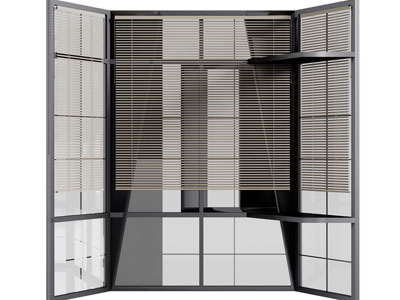 现代弧形落地平开窗、百叶窗帘