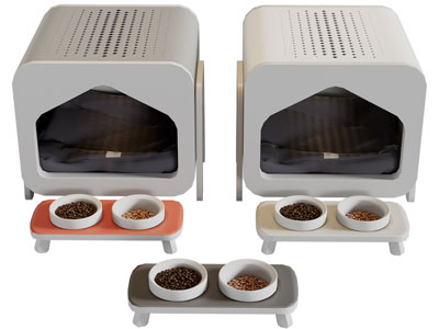 现代猫窝、猫碗和猫粮