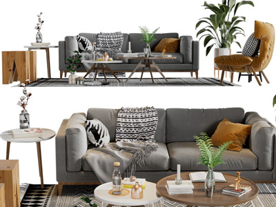 北欧布艺双人沙发、凳子、边几茶几组合