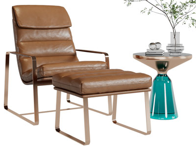 现代轻奢休闲椅子、脚踏和边几