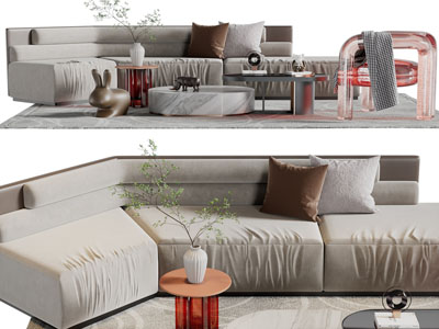 侘寂风多人沙发、休闲椅和茶几组合