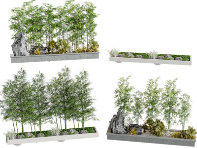 中式花坛竹子、假山景观园艺小品