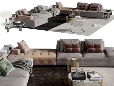 现代布艺转角多人沙发、茶几组合