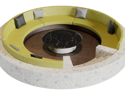 现代圆形沉浸式多人沙发、茶几组合