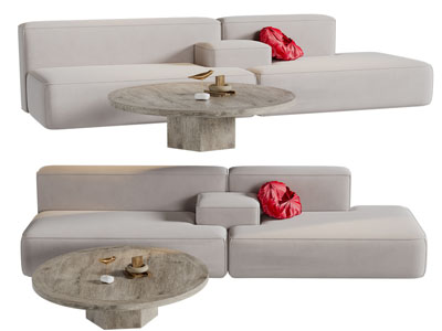 侘寂风布艺多人沙发、茶几组合