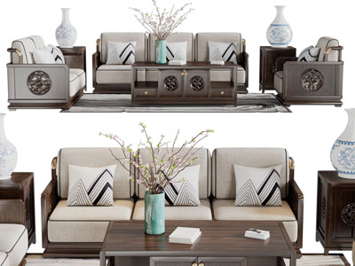 新中式实木多人、双人、单人沙发和茶几组合