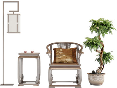 中式扶手椅子、边几和落地灯