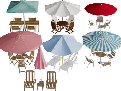 现代遮阳伞、户外餐桌椅组合
