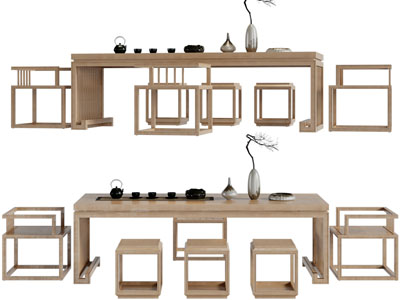 新中式实木长方形茶桌椅组合