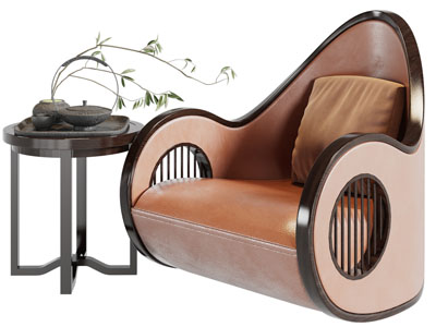 新中式单人沙发、边几3d模型 新中式单人沙发、边几