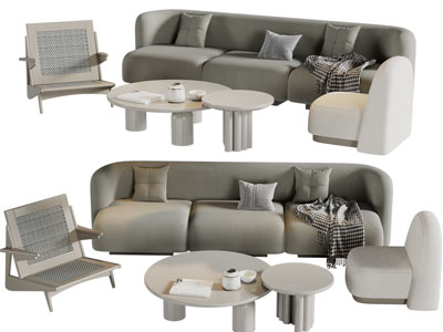 侘寂风多人沙发、休闲椅子和茶几组合