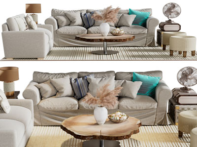 现代布艺多人、双人沙发和茶几组合