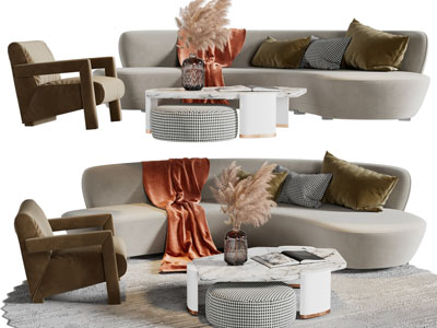 现代多人沙发、休闲沙发椅和茶几组合