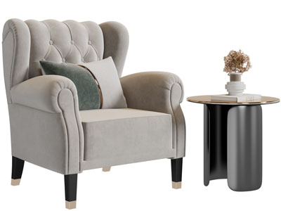 新古典单人沙发、边几3d模型 新古典单人沙发、边几