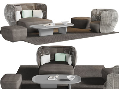 东南亚藤编靠背单人沙发、沙发凳和茶几组合