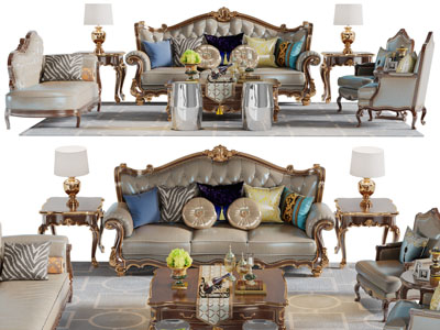 欧式雕花多人沙发、贵妃椅和茶几组合