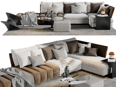 现代转角多人沙发、陀螺椅和茶几组合